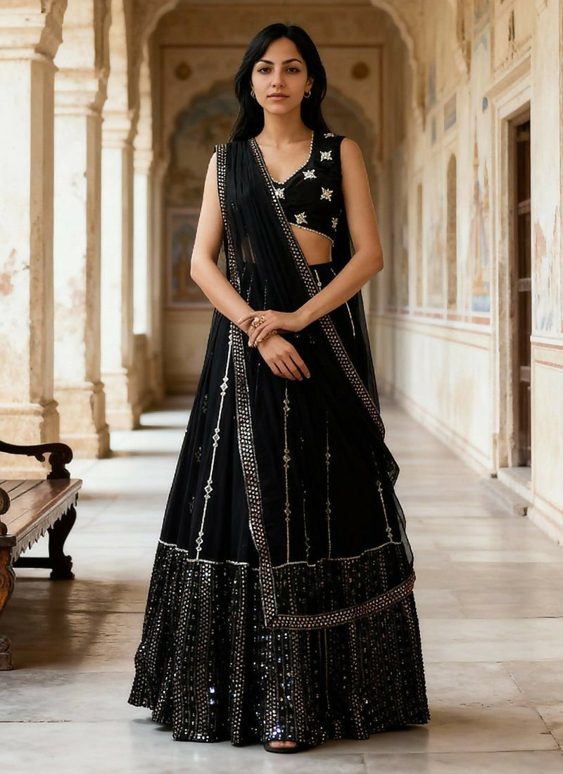 Lehenga Mart Black Gerogette Designer Bollywood Style Wedding Wear Lehenga Choli - Dista