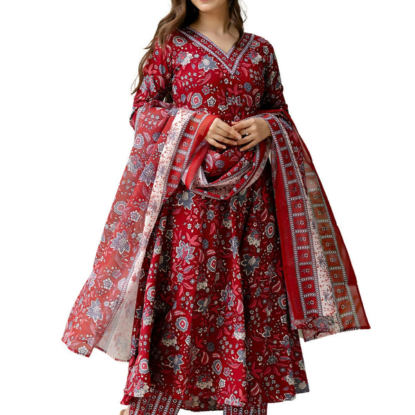 The52 Maroon Women's Gorgeous Rayon Fabric Printed Work Flared Kurta, Pant and Dupatta Set - Distacart