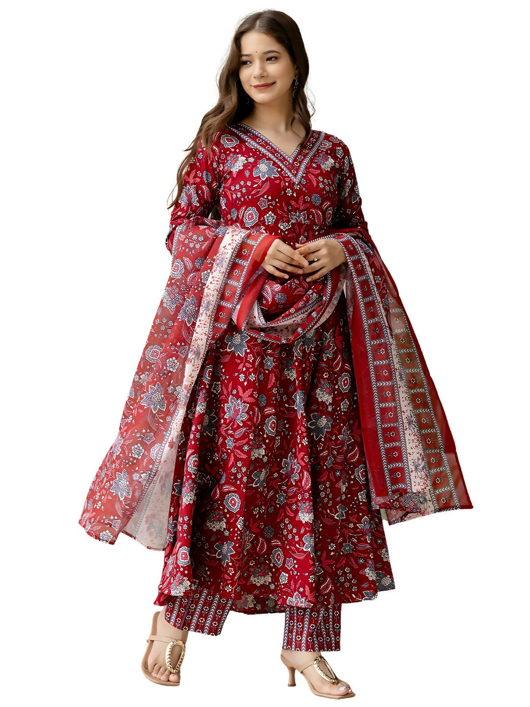 The52 Maroon Women's Gorgeous Rayon Fabric Printed Work Flared Kurta, Pant and Dupatta Set