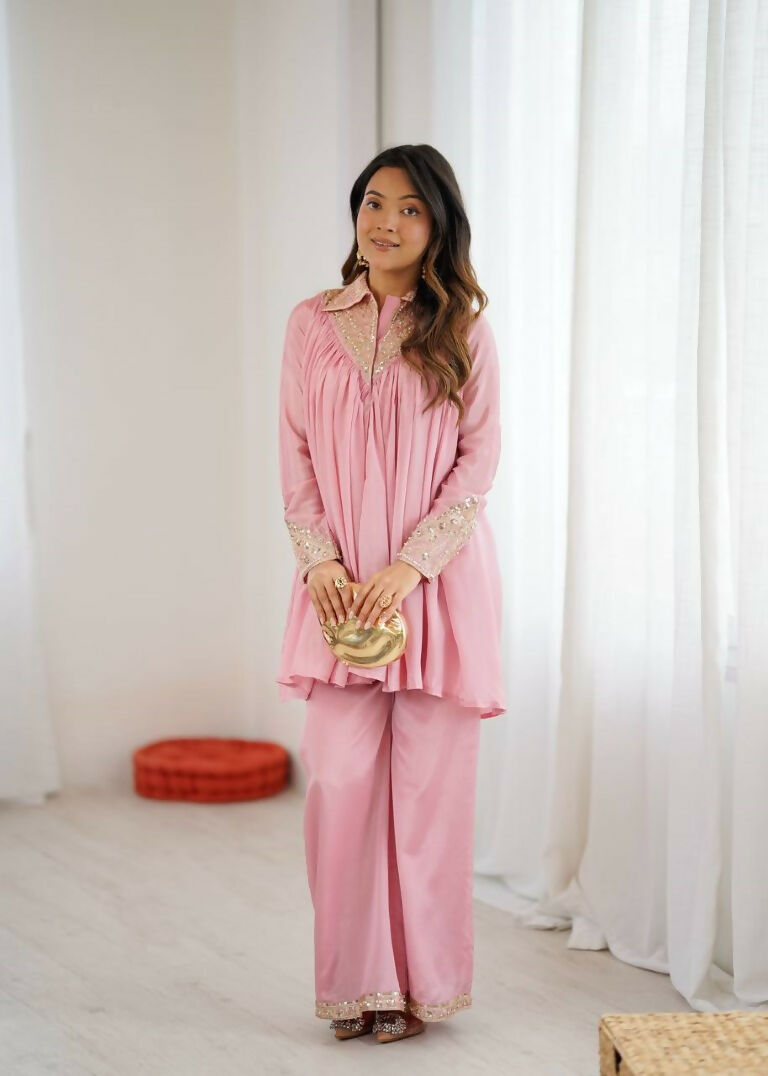 Teeya Creation Baby Pink Heavy Chinnon Silk Embroidery Work Plazo pair