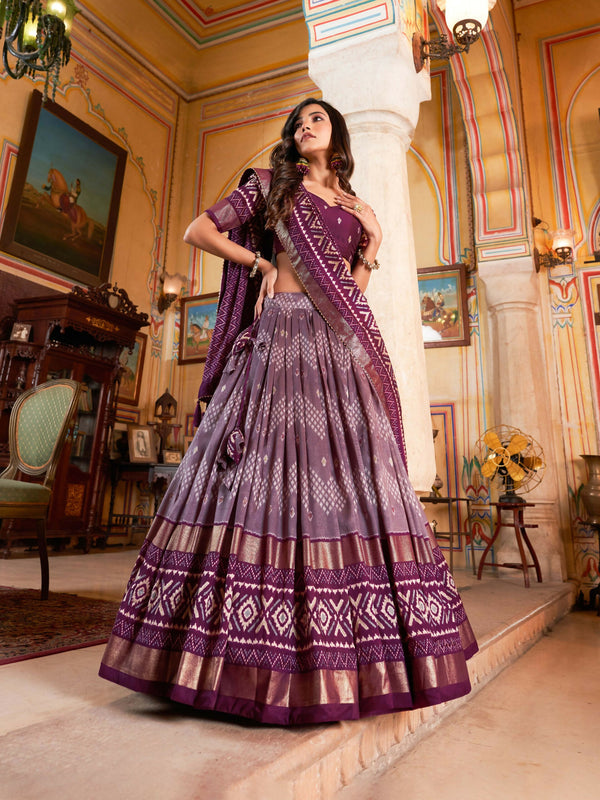 Vastranavya Occasionaly Tussar Silk Dot And Ikkat Print With Foil Work Lehenga Choli - Wine - Distacart