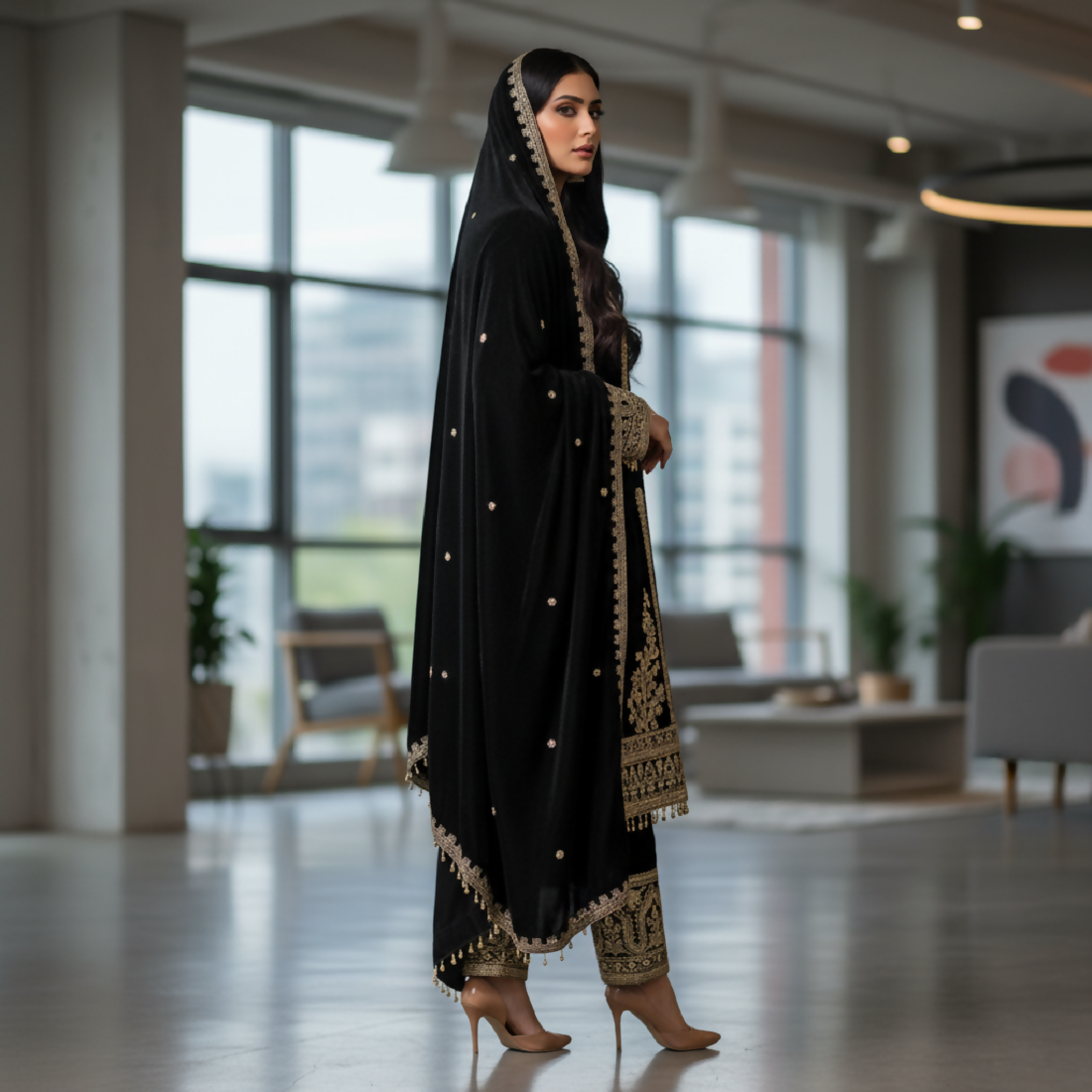 Teeya Creation Black Color Velvet Fabric Designer Embroidery Work Suit