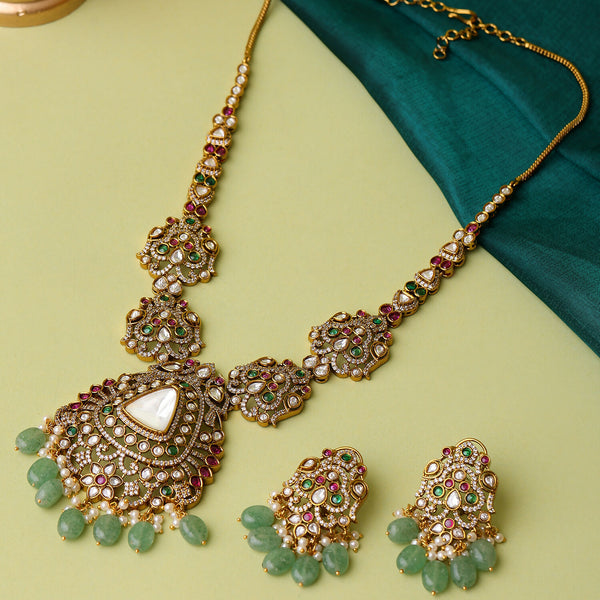 Ruby Raang 22k Gold Polished Long Kundan Heavy Maharani Necklace With Earrings - Distacart