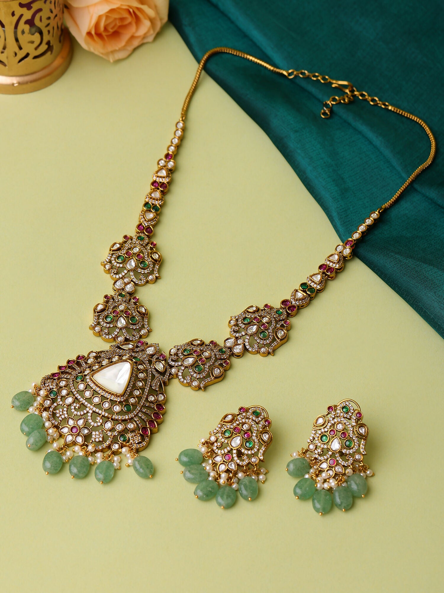 Ruby Raang 22k Gold Polished Long Kundan Heavy Maharani Necklace With Earrings - Distacart