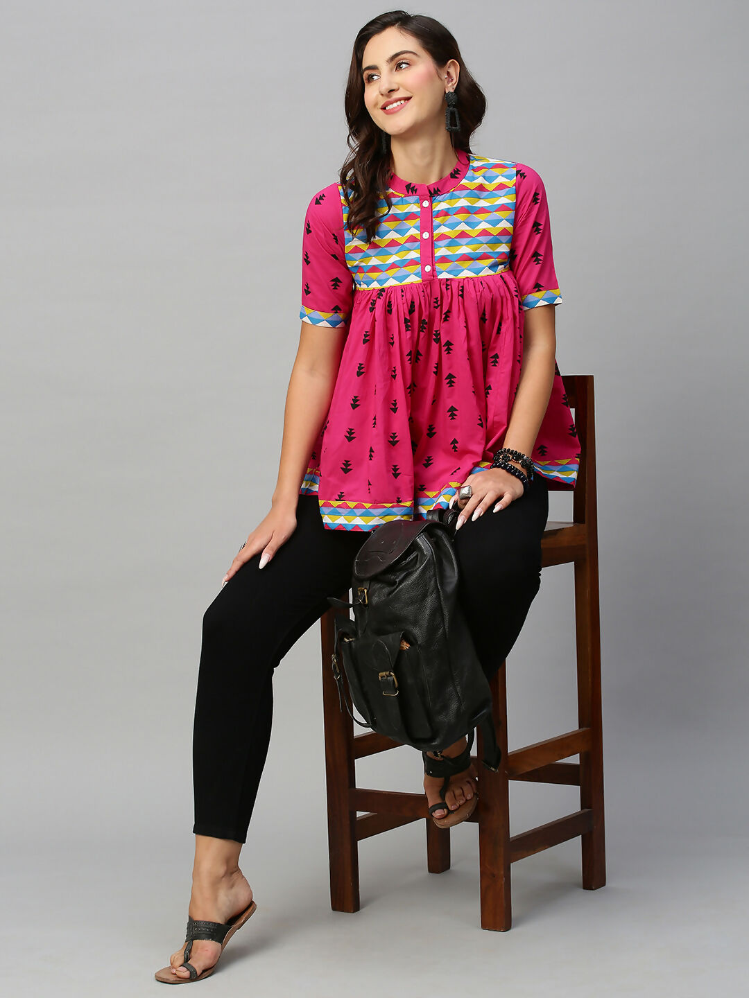 Pink & Black Pure Cotton Printed A-Line Top - Bosky - Distacart
