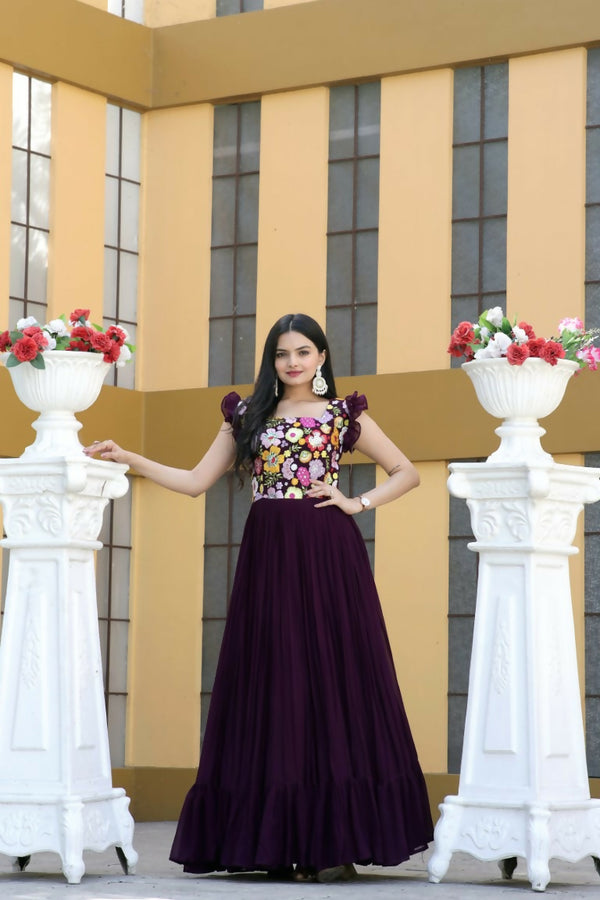 Jyoti Fashion Women's Wine Sequins Thread Embroidery Faux Blooming Anarkali Dress - Distacart