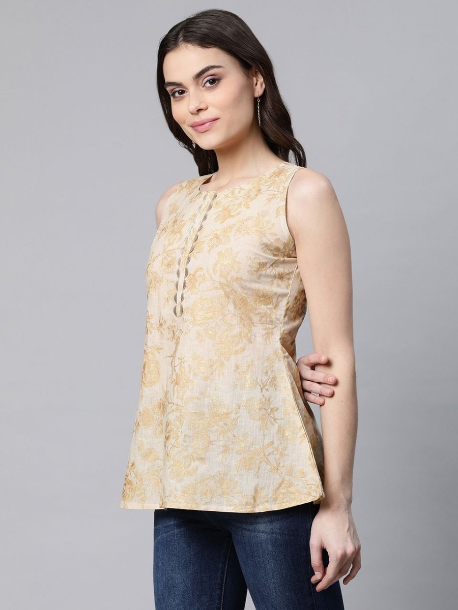 Ahalyaa Women Beige Cotton Gold Printed Tunic - Distacart