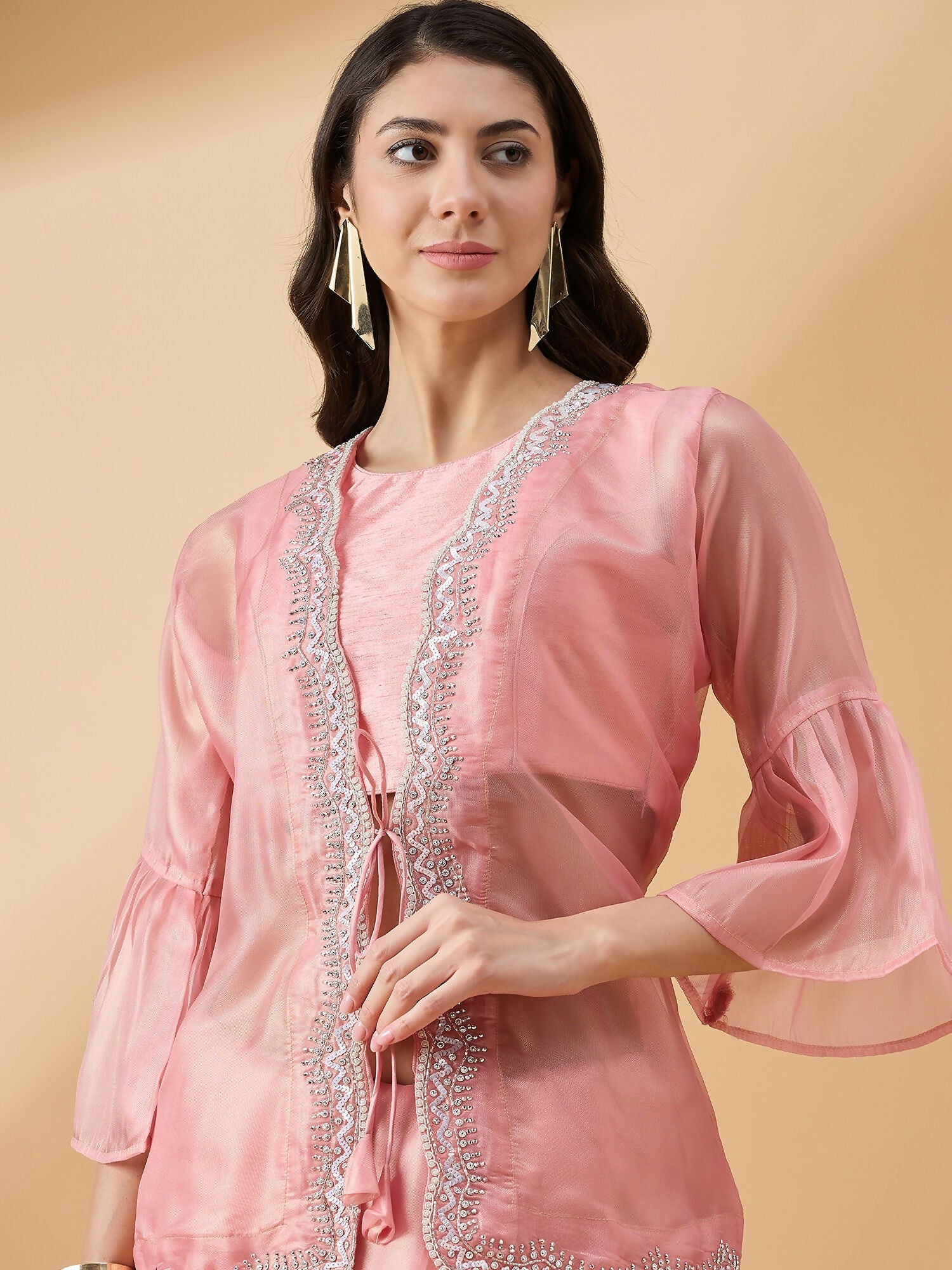 Peach Chiffon Solid Saree with Stitched Blouse & Stone Work Shrug - Dharavi - Distacart