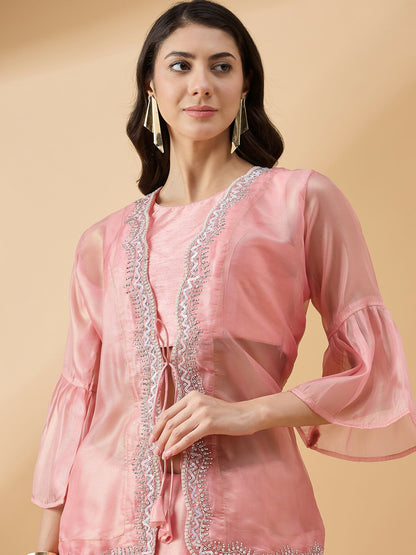 Peach Chiffon Solid Saree with Stitched Blouse & Stone Work Shrug - Dharavi - Distacart
