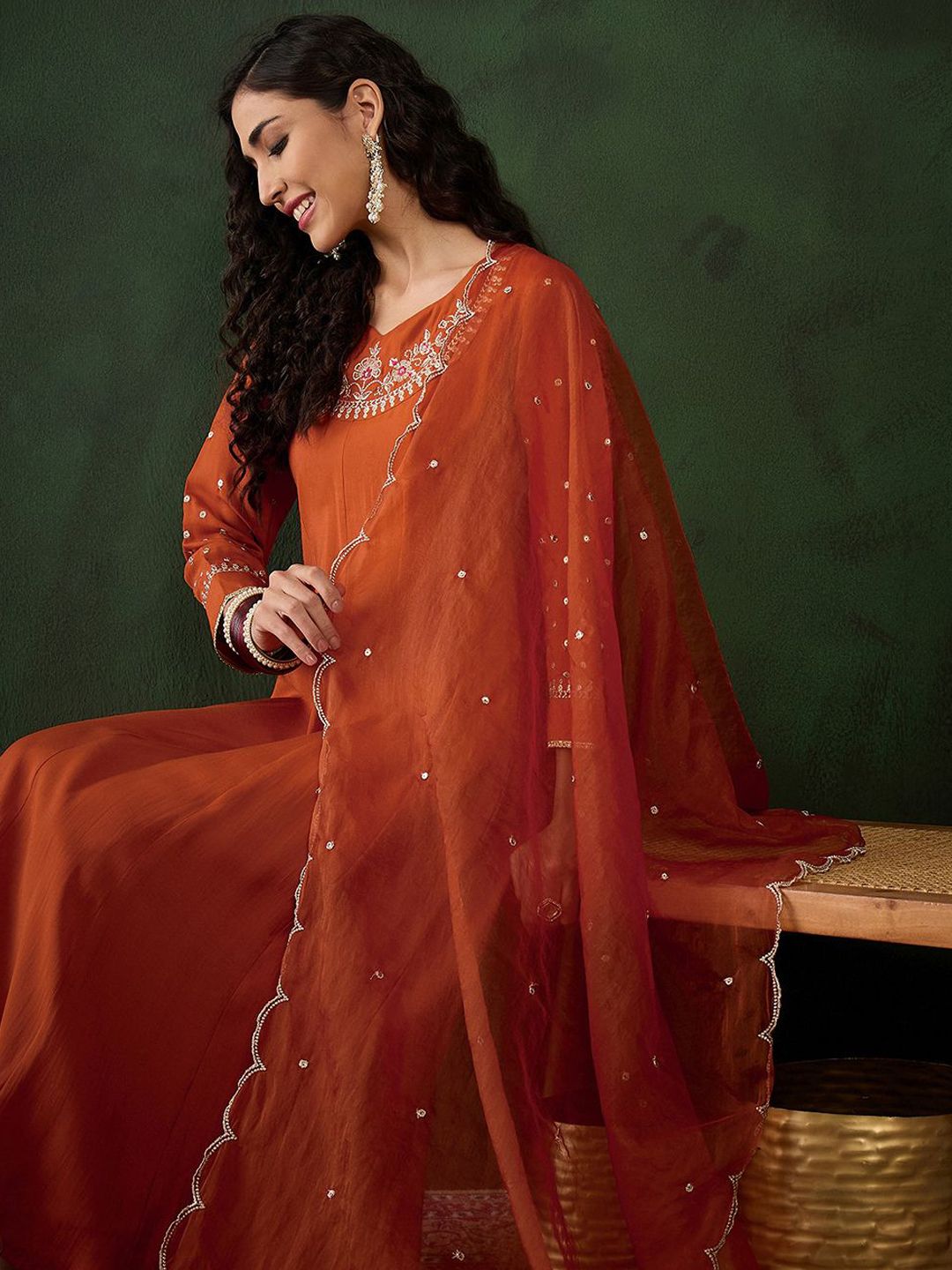 Sangria Embroidered A-Line Kurta & Trousers With Dupatta - Distacart