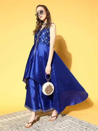 Ahalyaa Women Royal Blue Colour Poly Silk Printed Kurta Palazzo Set - Distacart