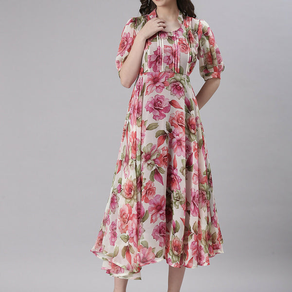 Souchii Cream Floral Chiffon Dress
