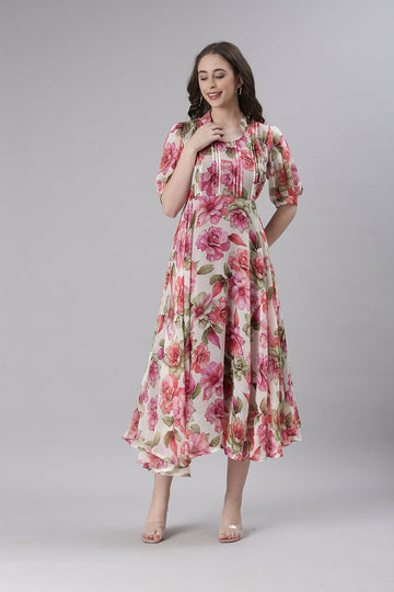 Souchii Cream Floral Chiffon Dress - Dista