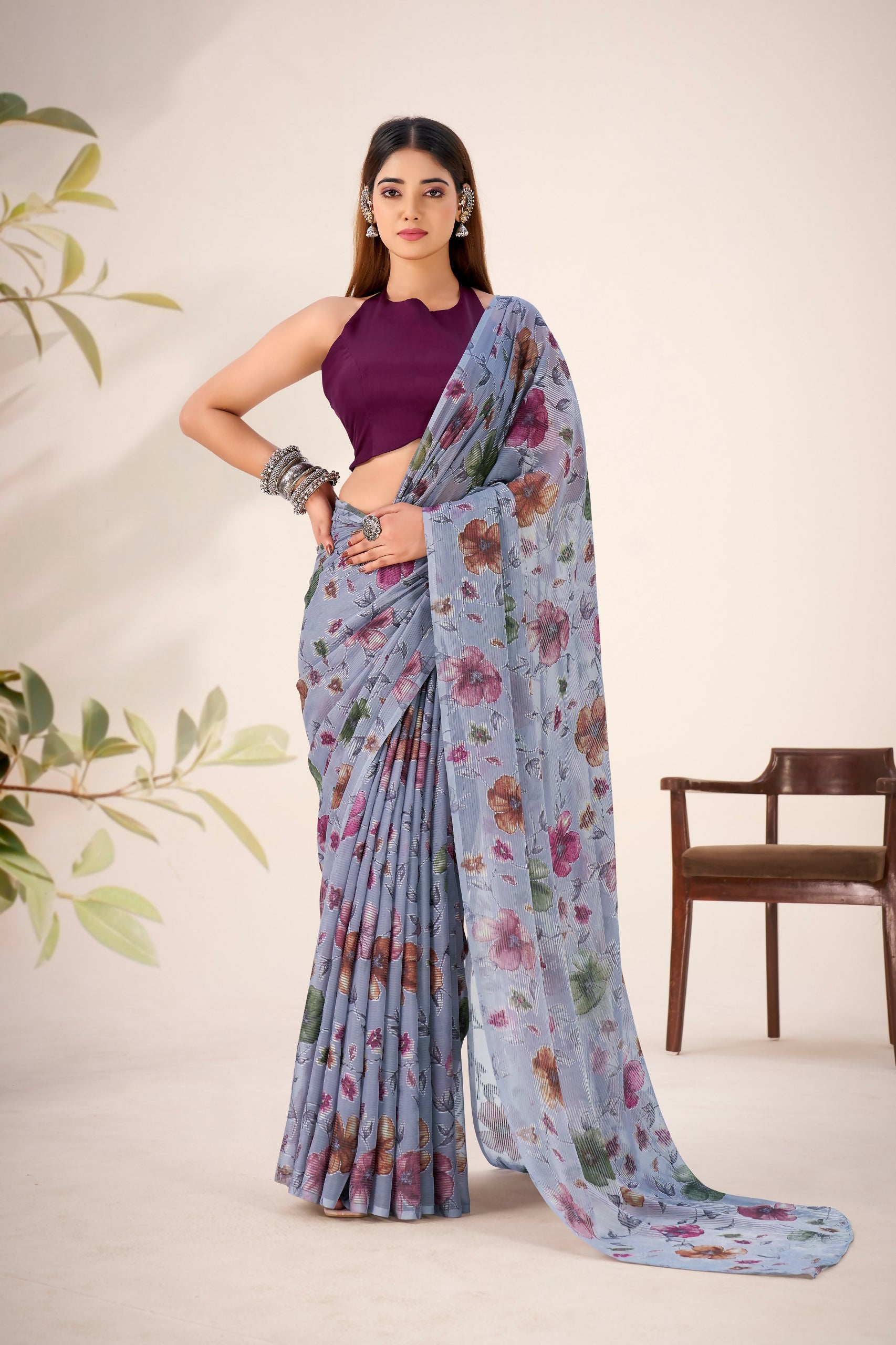 Vastranavya Grey Lurex Brasso Floral Printed Saree with Unstitched Blouse - Distacart