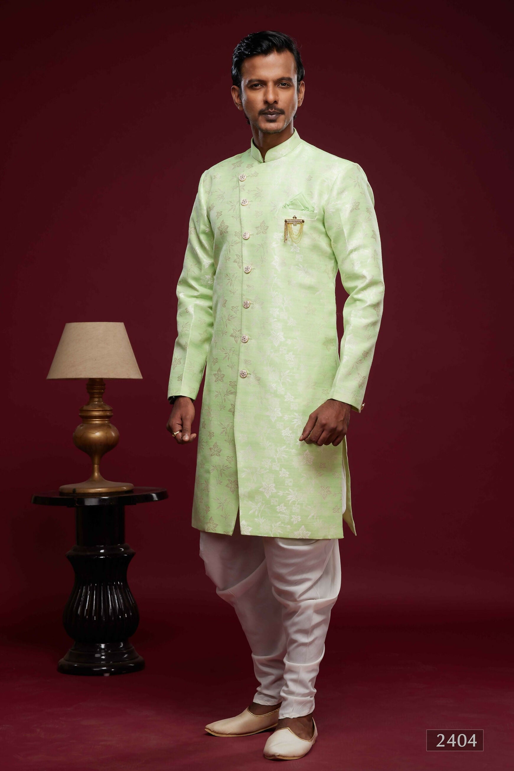 Raivat Ethnic Banarasi Jacquard Embroidery Semi Indo Western Sherwani In Pista Green Colour