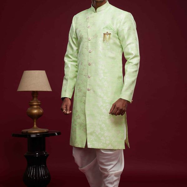 Raivat Ethnic Banarasi Jacquard Embroidery Semi Indo Western Sherwani In Pista Green Colour