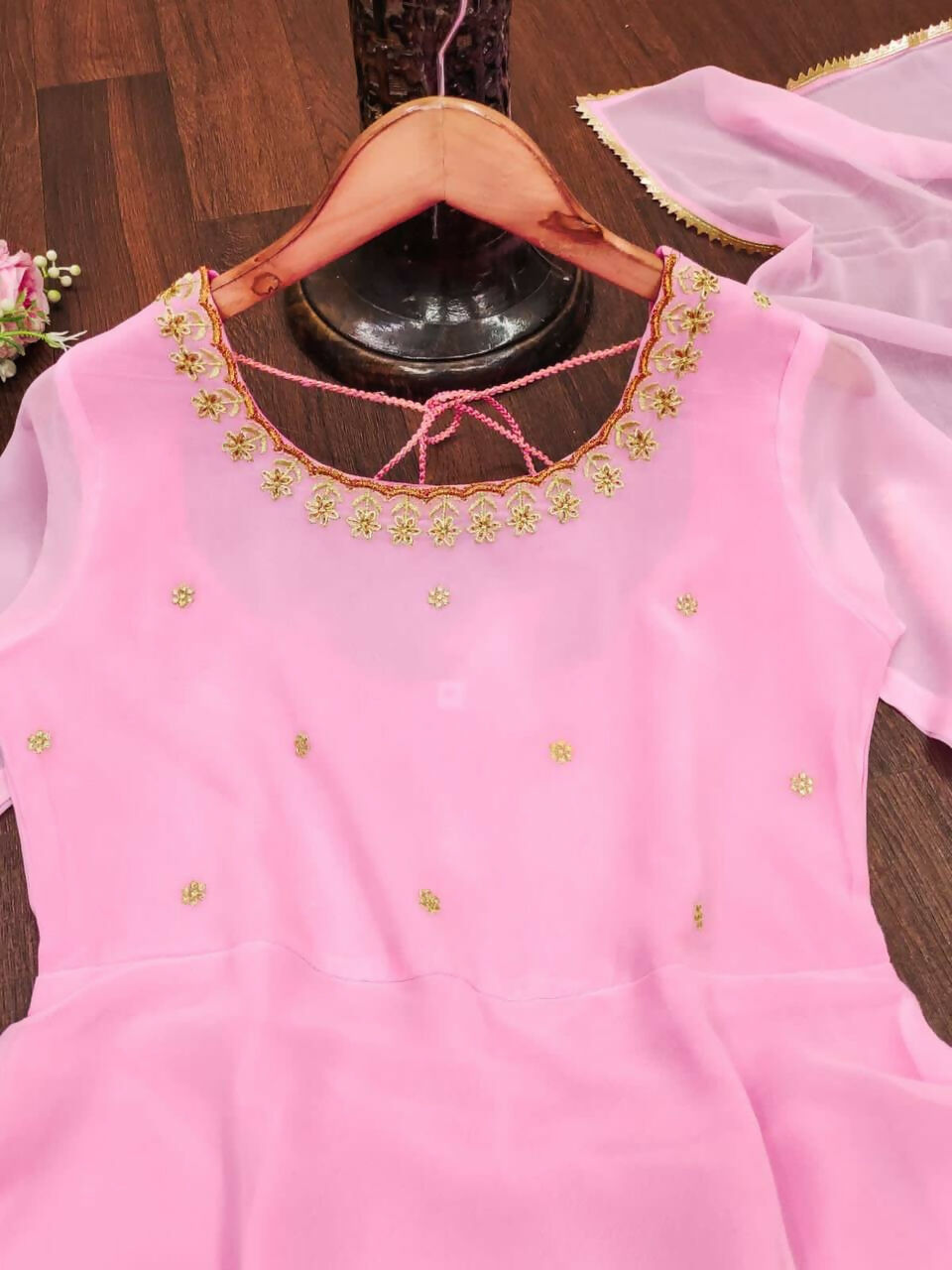 Preksha Creation Women Pink Georgette Anarkali Gown With Work Dupatta With Lace - Pink - Distacart