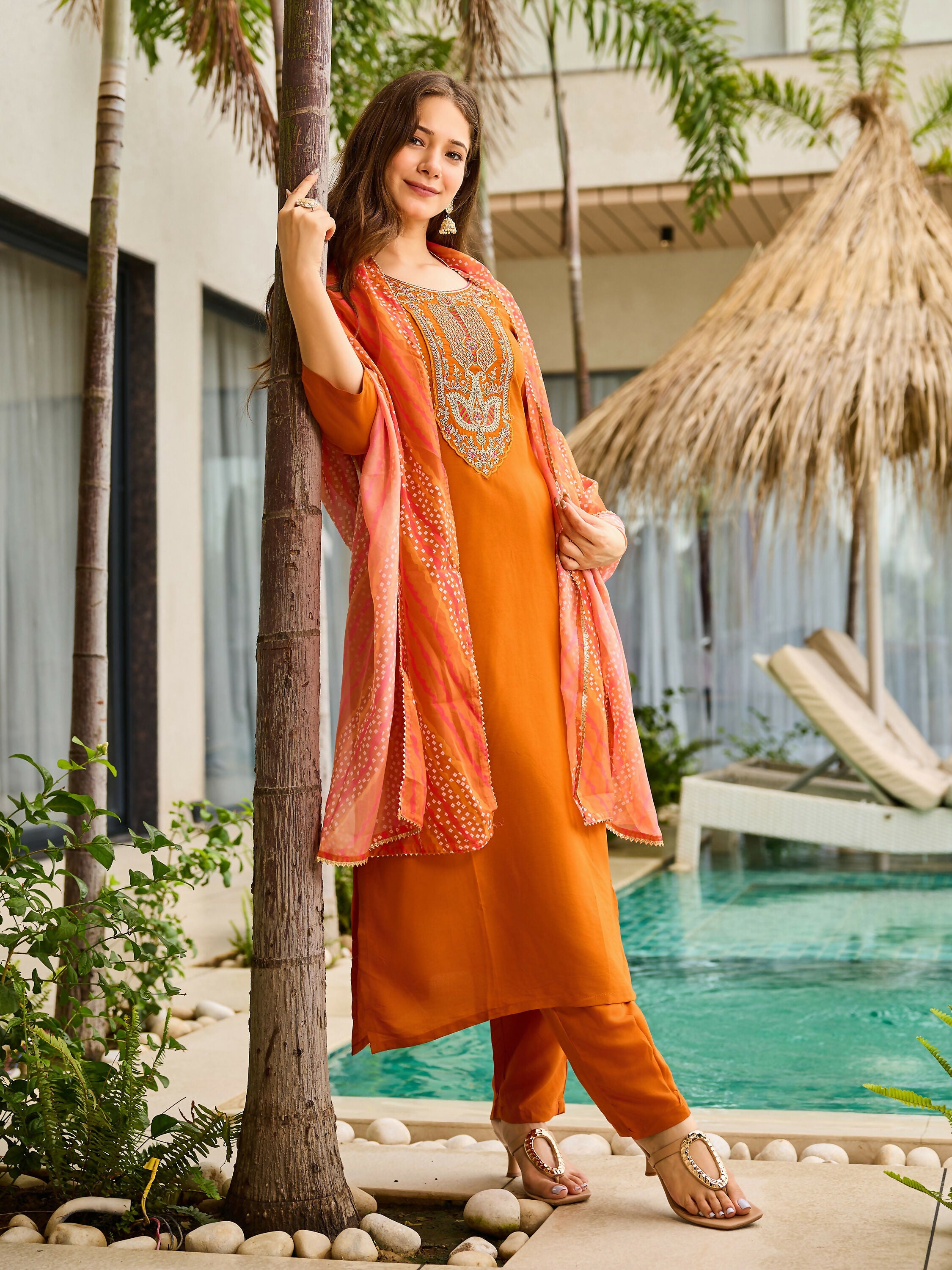 The52 Rust Women's Gorgeous Embroidered work Rayon Fabric Straight Kurta, Pant and Dupatta Set