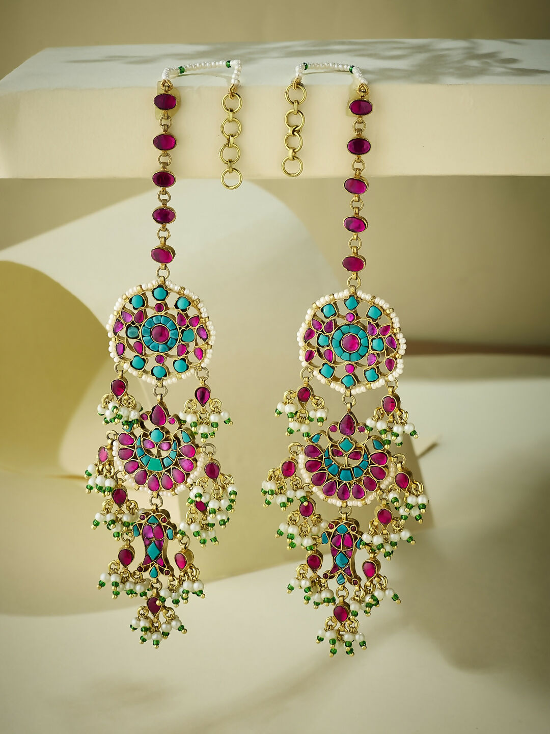 Nuyug 22K Gold-Plated Kundan Studded & Pearl Beaded Crescent Shaped Kanauti Earrings