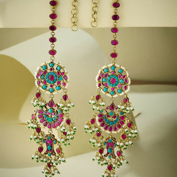 Nuyug 22K Gold-Plated Kundan Studded & Pearl Beaded Crescent Shaped Kanauti Earrings