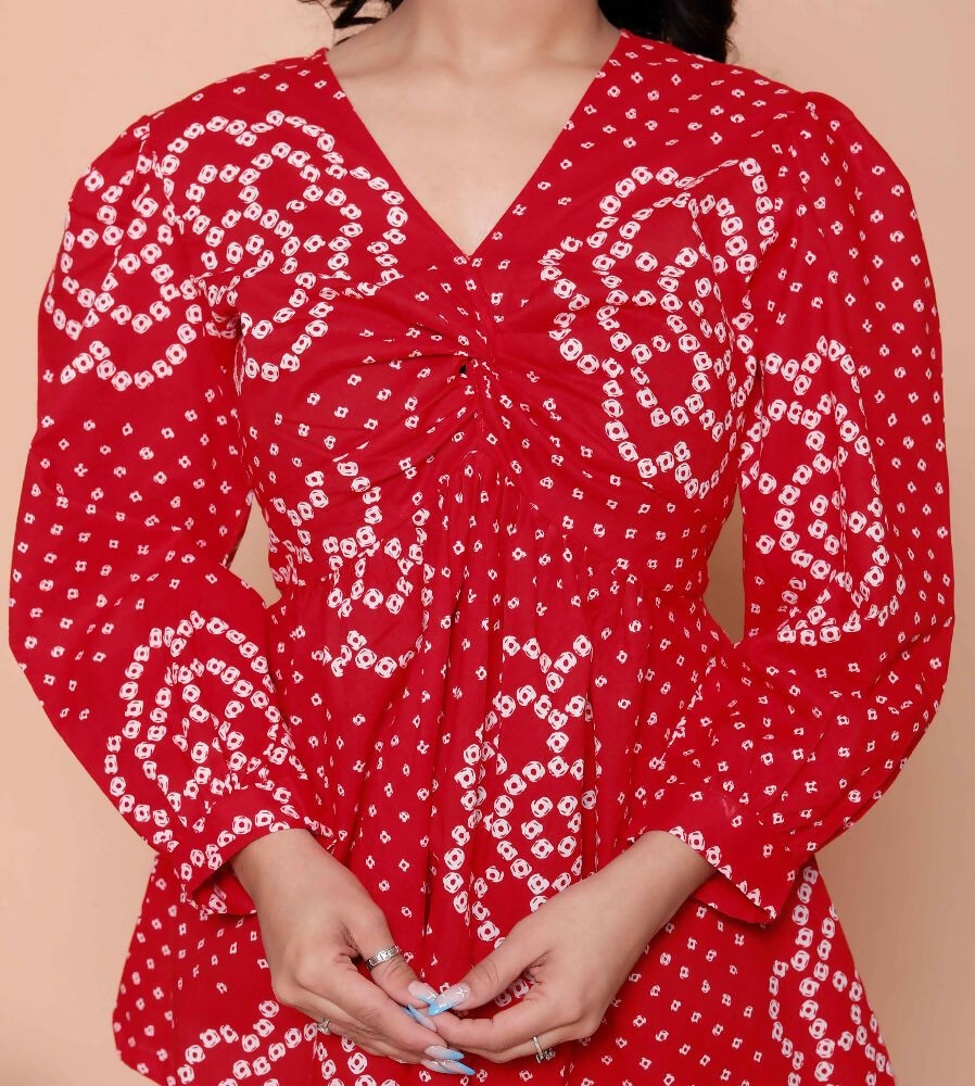 Miravan Womens Red Bandhani Printed Cotton Butterfly Design Top - Dista