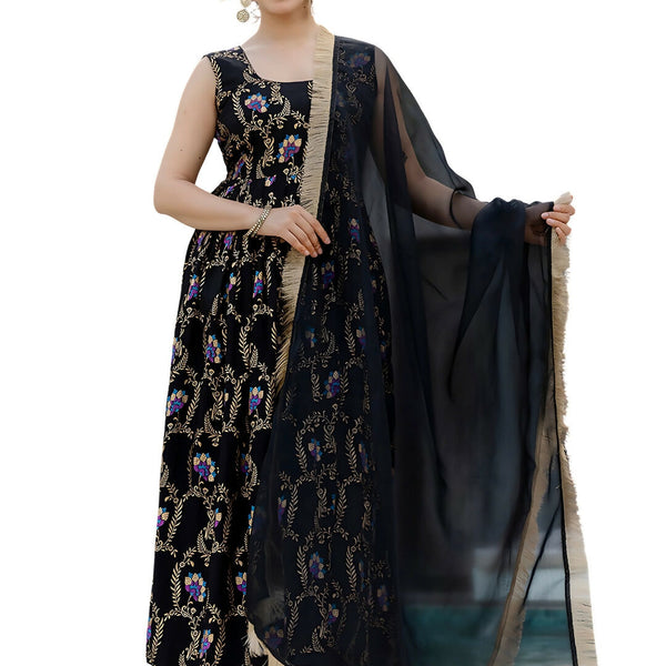 The52 Black Women's Gorgeous Printed Muslin Fabric Flared Kurta Pant and Dupatta Set - Distacart