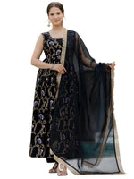 Thumbnail for The52 Black Women's Gorgeous Printed Muslin Fabric Flared Kurta Pant and Dupatta Set - Distacart
