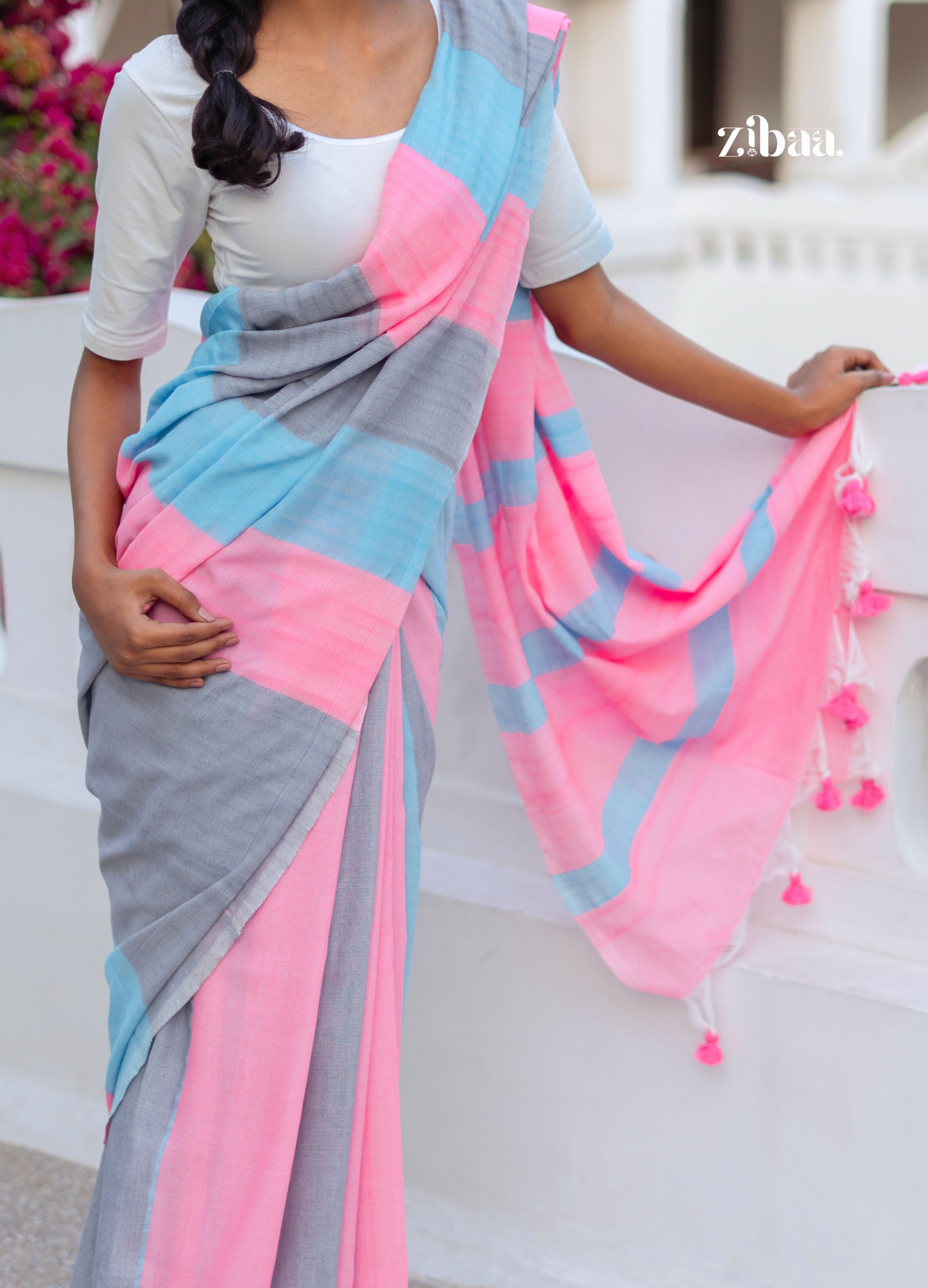 Zibaa Hand-Dyed Mul Cotton Striped Saree with Tassels