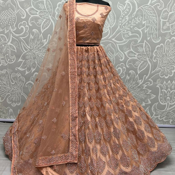 Jyoti Fashion Women's Peach Bridal Net Fancy Dori & Multi Thread Embroidered with Zircon Diamond Work Wedding Lehenga Choli - Distacart