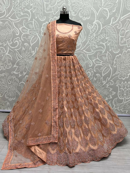 Jyoti Fashion Women's Peach Bridal Net Fancy Dori & Multi Thread Embroidered with Zircon Diamond Work Wedding Lehenga Choli - Distacart