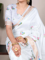 Thumbnail for Vastranavya White Tussar Silk Printed with Viscose Border Saree with Unstitched Blouse - Distacart