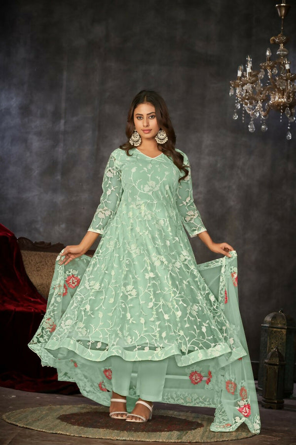 Jyoti Fashion Women's Sea Green Net Embroidered Anarkali Kurta Pant Set With Dupatta - Distacart