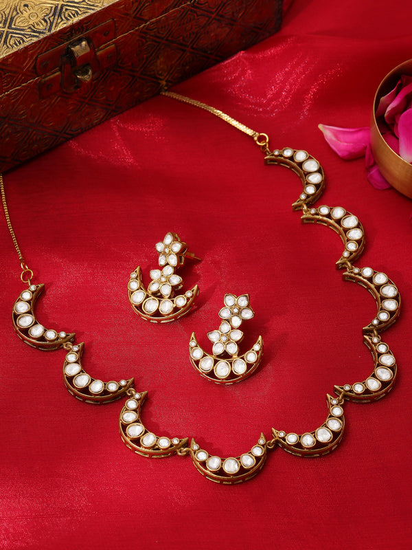 Ruby Raang Gold Polished Kundan Work Gold Half Moon Kundan Necklace With Earrings