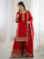 Thumbnail for Teeya Creation Red Color Fendy Silk Embroidery Work Wedding Wear Salwar Suit - Distacart