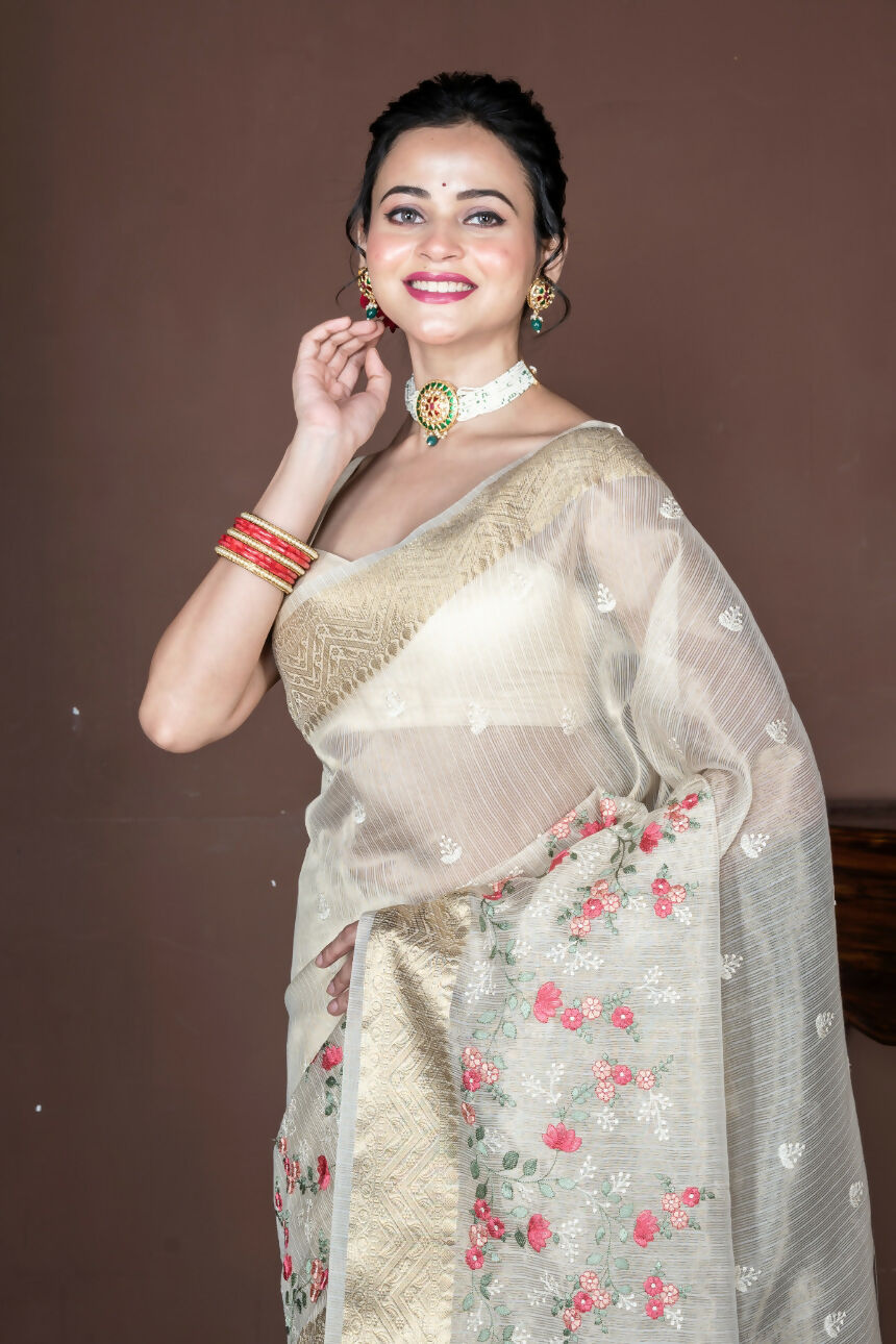 Morchari Beige Banarasi Tissue Computer Embroidery Saree Unstitched Blouse