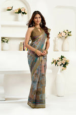 Thumbnail for Joban Fashion Dusty Green Floral & Ethnic Motifs Linen Ready To Wear Saree With Unstitched Blouse - Distacart