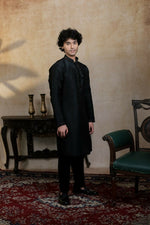 Thumbnail for Falling Raw Silk Black Kajal Phool Kurta Set By Hilo Design