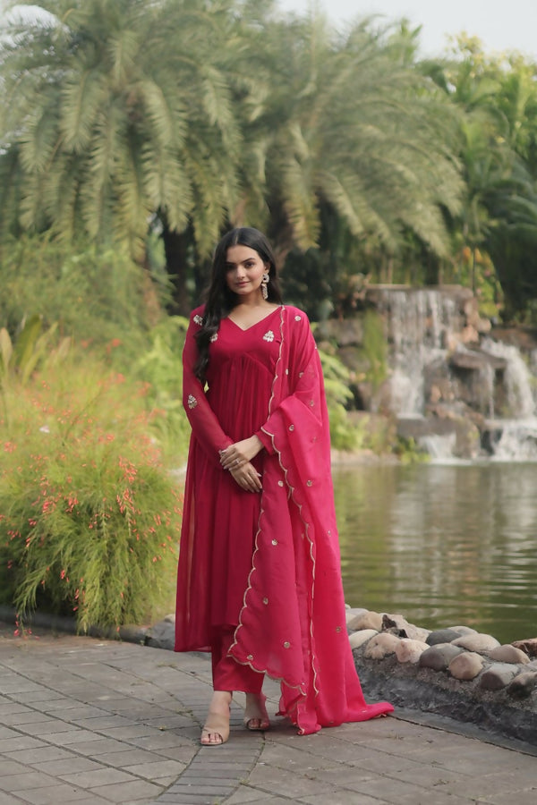 Jyoti Fashion Women's Pink Faux Blooming Embroidered Kurta with Trouser & Dupatta - Distacart