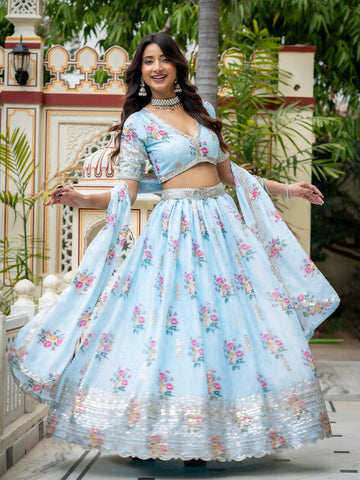 Women’s Semi-Stitched Sky Blue Star Georgette Zari Sequence Embroidery Digital Printed Work Lehenga Choli With Star Georgette Dupatta-Jihu Culture - Dista
