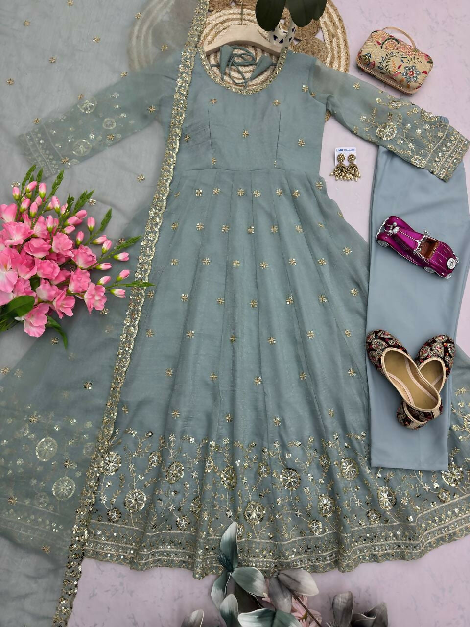 Teeya Creation Elegant Grey Embroidered Anarkali Kurta Set With Mirror Work Dupatta - Dista