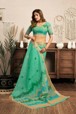 Thumbnail for Joban Fashion Teal Green Ikkat Linen Ready To Wear Saree With Unstitched Blouse - Distacart