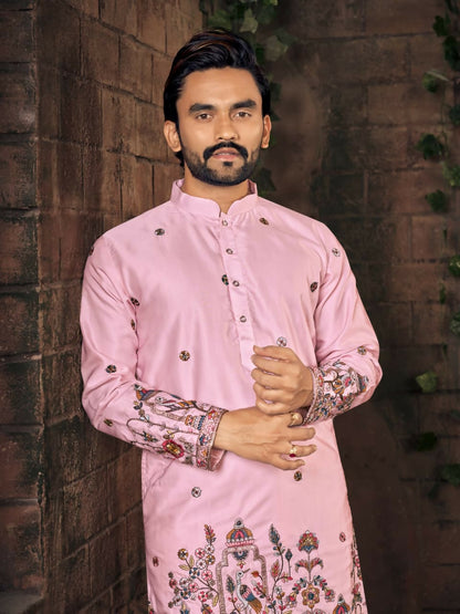 Anaita Pink Multi Thread Work Silk Straight Kurta - Distacart