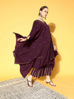 Thumbnail for Ahalyaa Women Wine Colour Crepe Gold Glitter Print Kurta Palazzo Set - Distacart