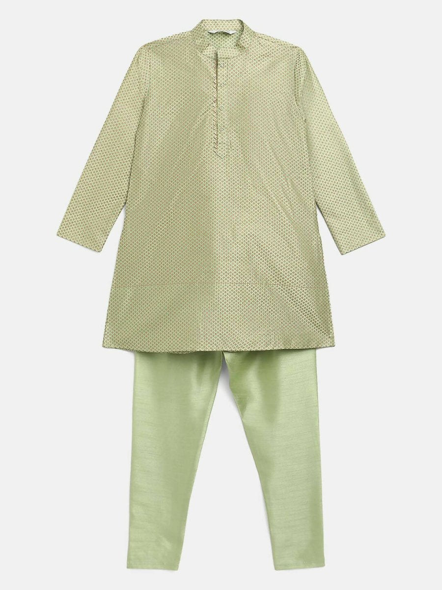 Ahalyaa Green Poly Silk Gold Print Kids Kurta Churidar Set For Boys - Distacart