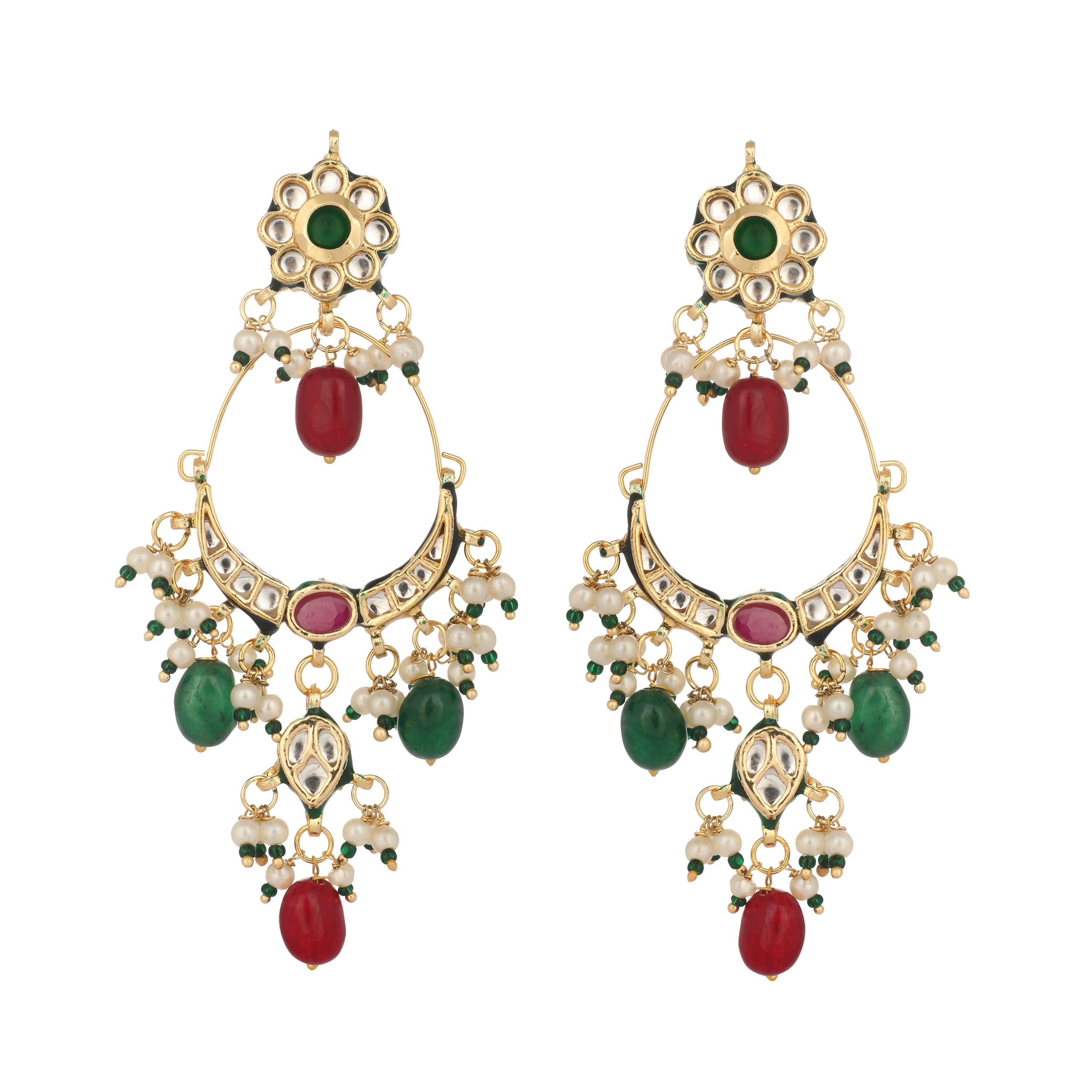 Nuyug 22K Gold Plated Crescent Kundan Drop Red Stone Chandbali Earrings