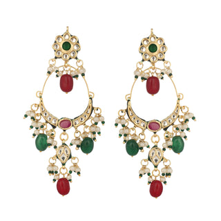 Nuyug 22K Gold Plated Crescent Kundan Drop Red Stone Chandbali Earrings