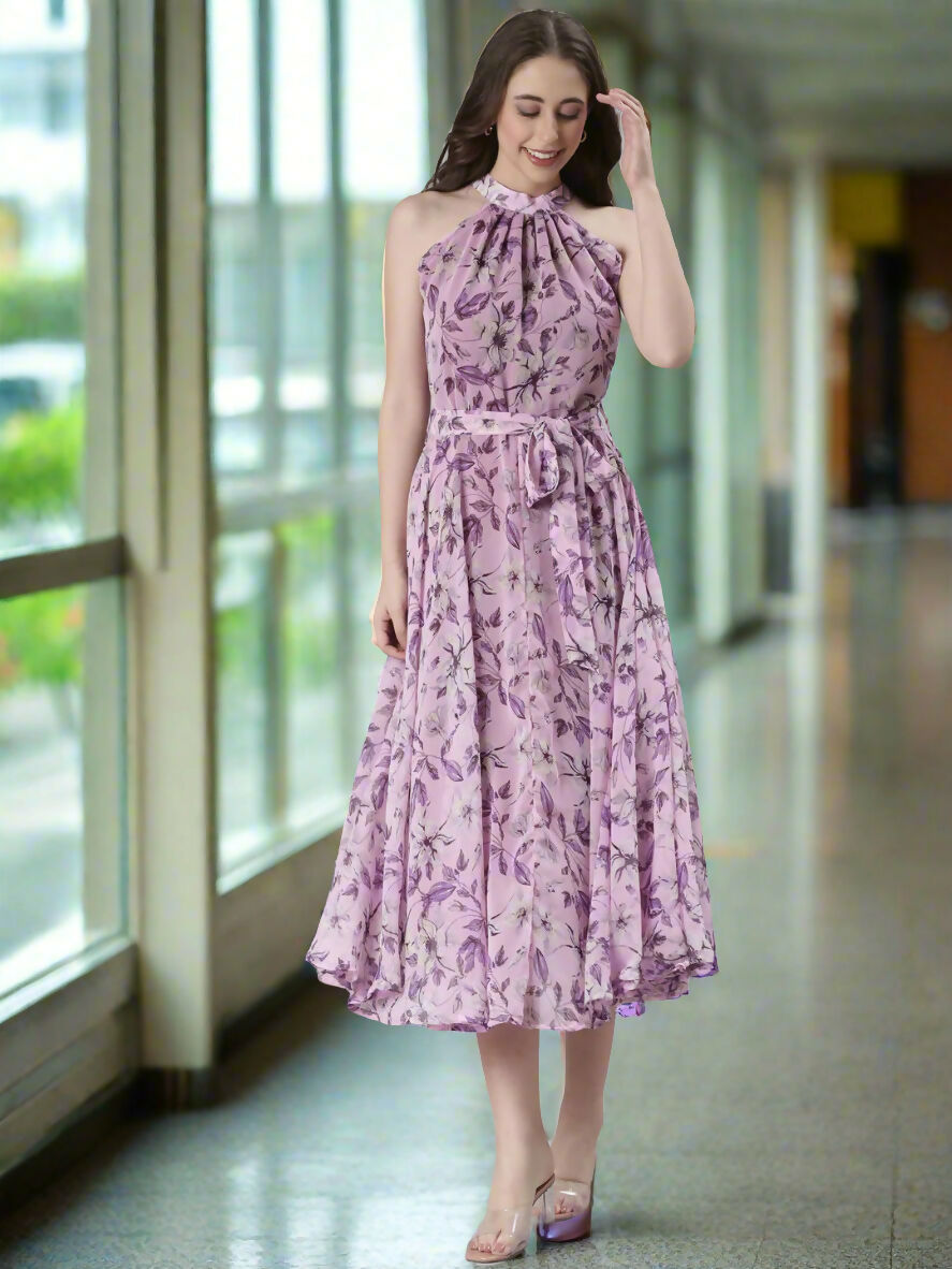 Souchii Lavender Floral Chiffon Dress -Souchii