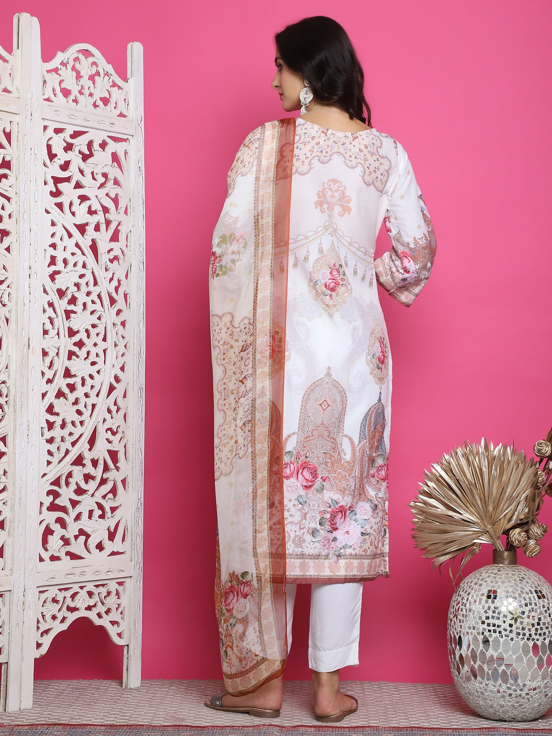 Jyoti Fashion Women's Cream Satin Traditional Digital Print with Crystal work Kurta with Trouser & Dupatta - Distacart