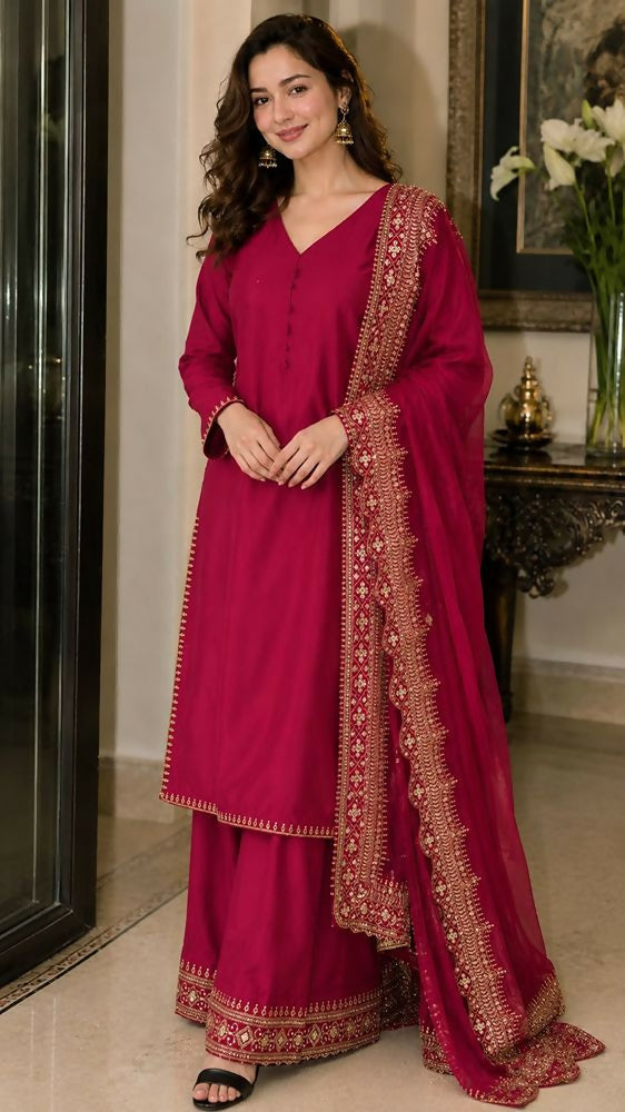 Teeya Creation New Latest Stylish Classic Rani Pink Festive Kurta Set with Gold Zari Border Palazzo and Dupatta - Dista