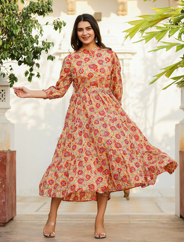 Kaajh Women's Yellow-Red Floral Hand Block Print Cotton Dress - Distacart